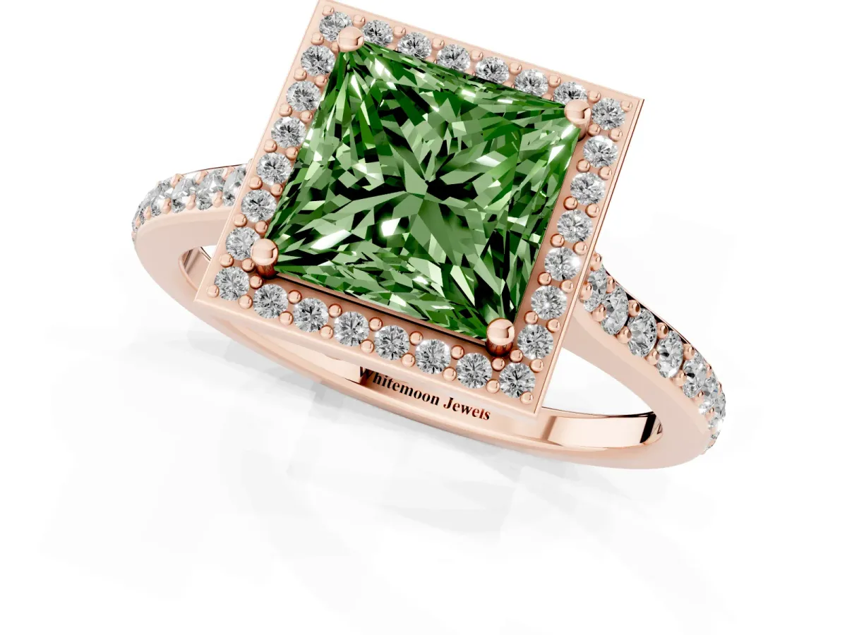 Fancy Green Princess Cut Diamond Halo Engagement Ring with Round Pavé Shoulders and Prong Setting Rose gold