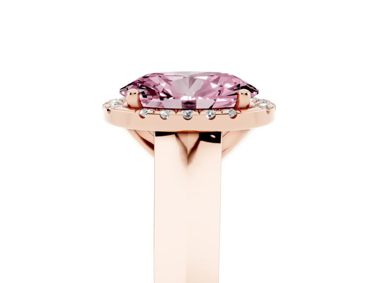Fancy Pink Oval Cut Halo Diamond Ring with Cathedral Band and Four-Prong Setting Rose gold