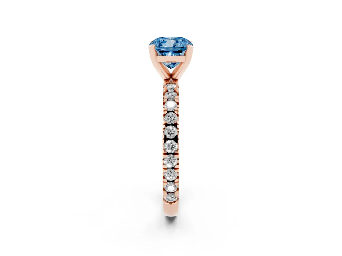 Fancy Blue Cushion Cut Diamond Pavé Band Solitaire with Four-Prong Setting Rose gold