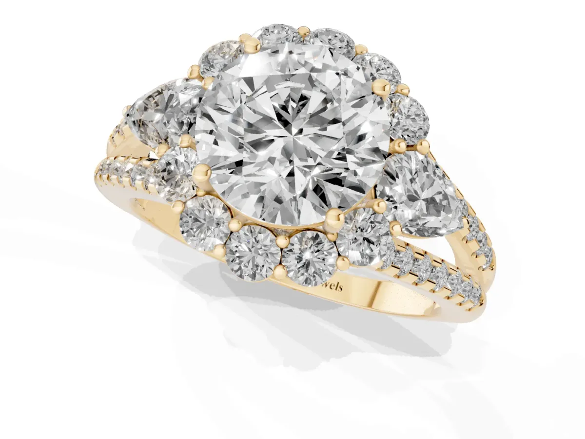 Round Cut Halo Split Shank Diamond Engagement Ring with Prong Setting Yellow gold