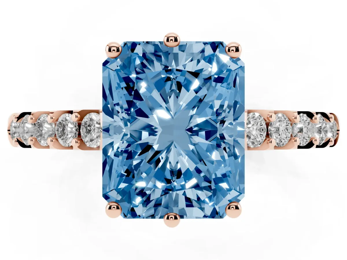 Fancy Blue Radiant Cut Solitaire Diamond Engagement Ring with Pavé Band and Six-Prong Setting Rose gold