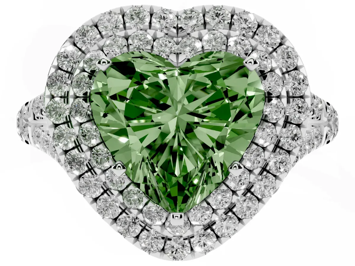 Fancy Green Heart Cut Cut Double Halo Split Shank Diamond Ring with Prong Setting Platinum