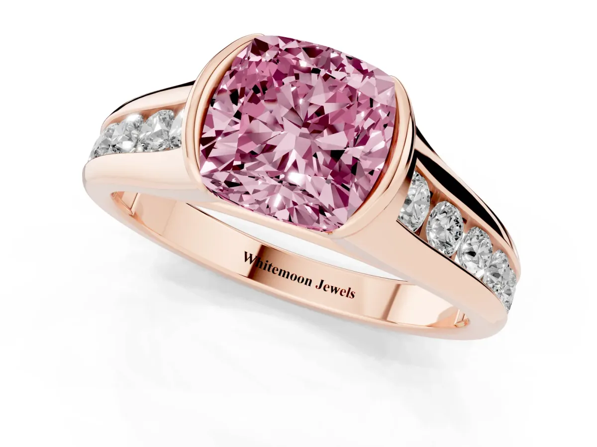 Fancy Pink Cushion Cut Solitaire Bezel-Set Diamond Ring with Channel-Set Band Rose gold