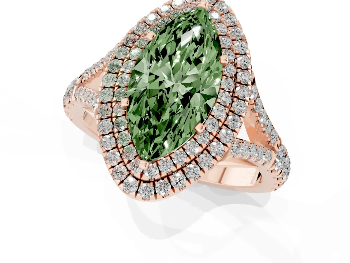 Fancy Green Marquise Cut Cut Double Halo Split Shank Diamond Ring with Prong Setting Rose gold