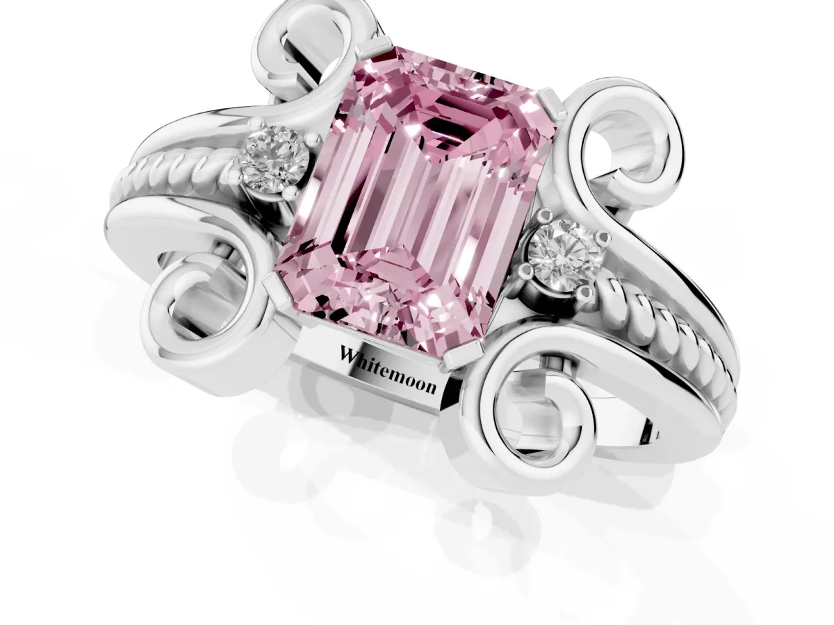Fancy Pink Emerald Cut Solitaire Twisted Band Scroll Prong Ring Silver