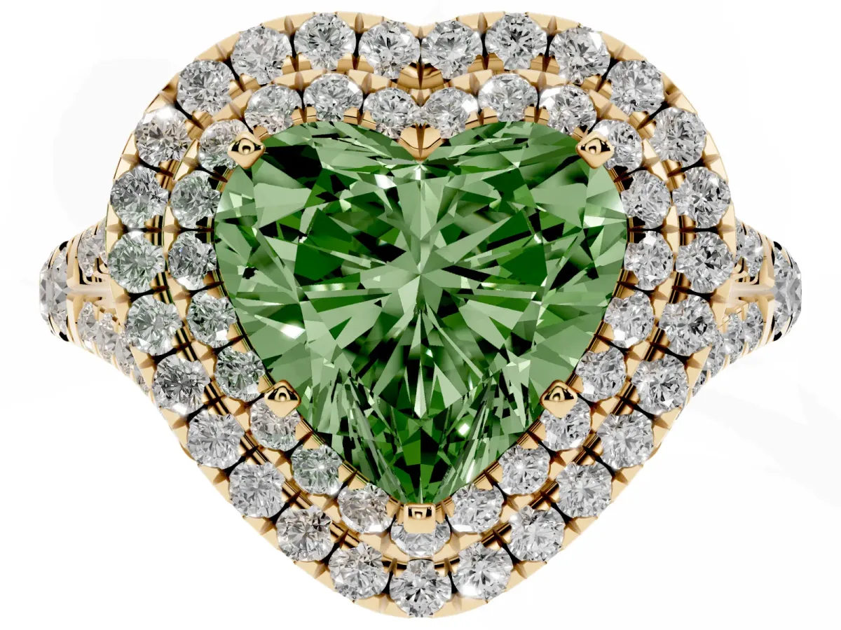 Fancy Green Double Halo Heart Cut Diamond Split Shank Engagement Ring with Four-Prong Setting Yellow gold