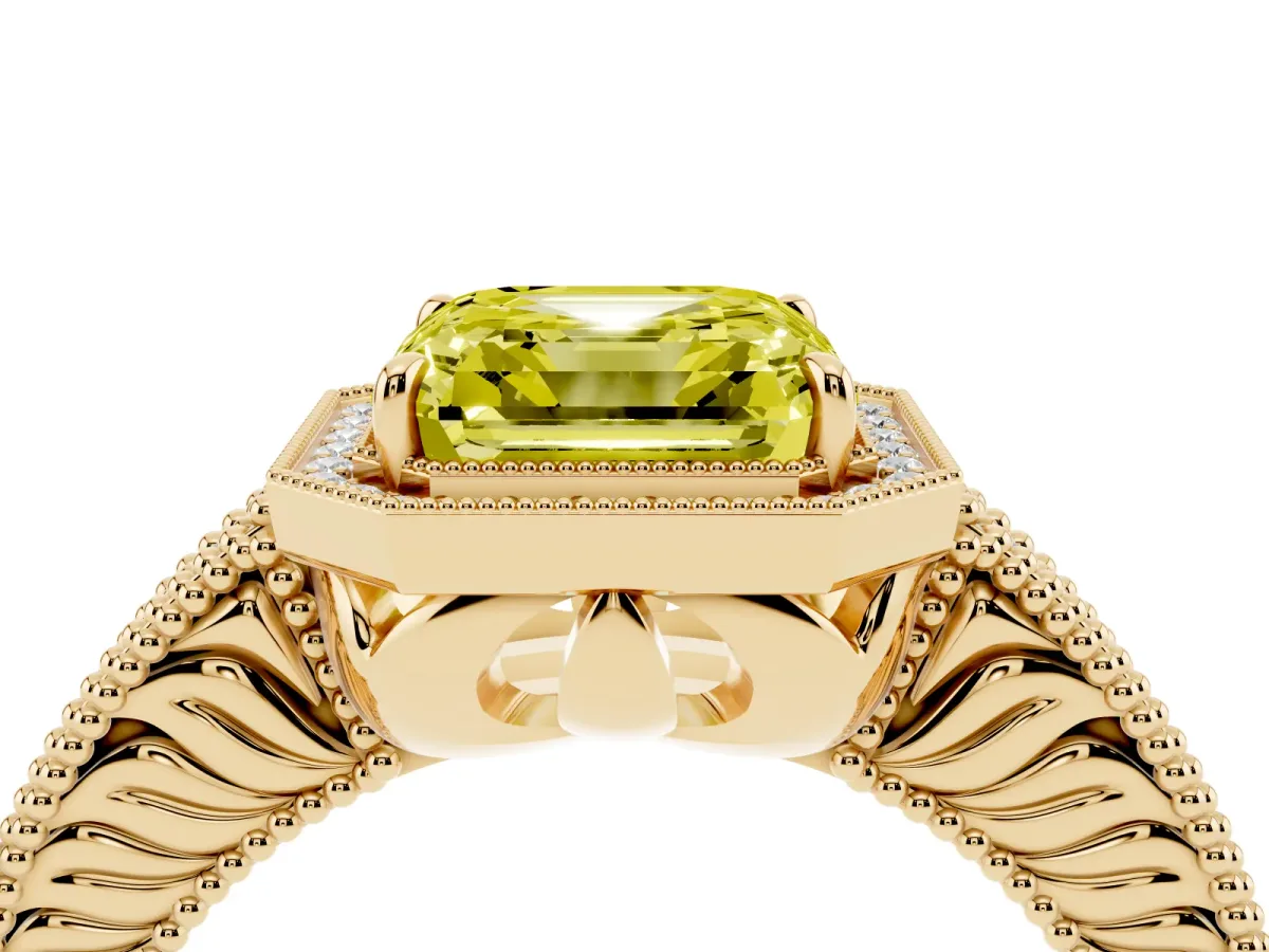 Fancy Yellow Asscher Cut Cut Halo Diamond Ring with Pavé Band and Four-Prong Setting Yellow gold