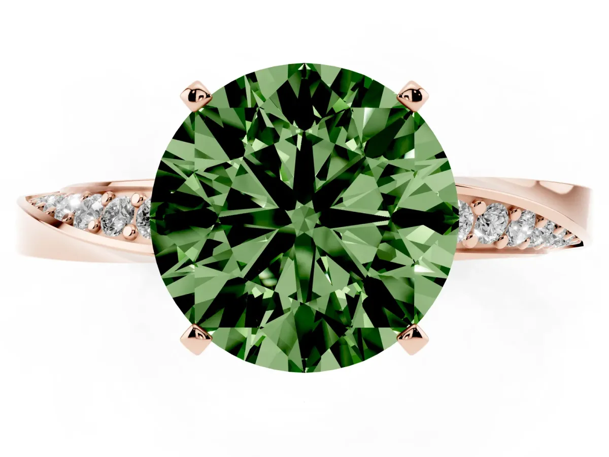 Fancy Green Round Cut Diamond Engagement Ring with Side Stone Accents and Four-Prong Setting Rose gold