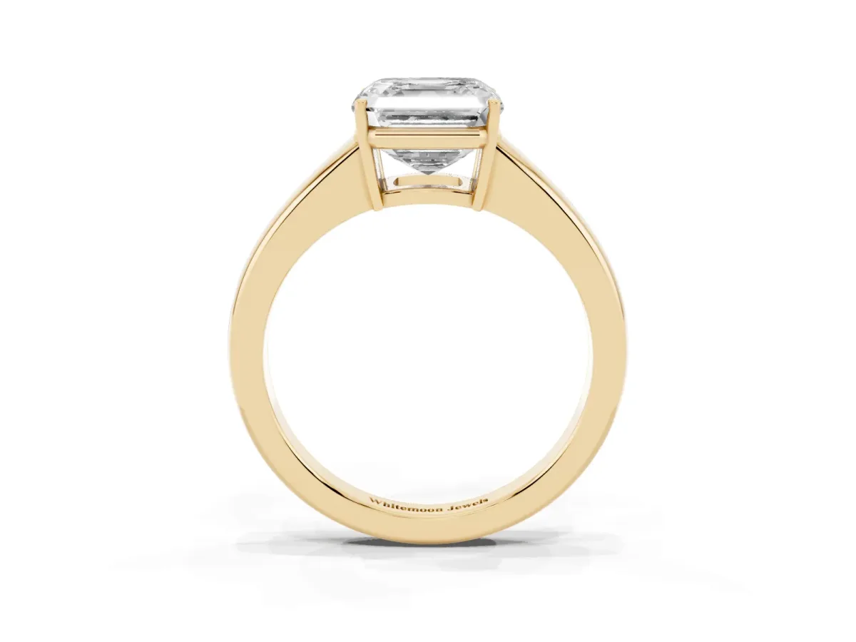 Asscher Cut Solitaire Diamond Ring with Tapered Band and Four-Prong Setting Yellow gold