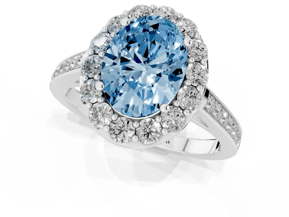 Fancy Blue Oval Cut Diamond Floral Halo Ring with Pavé Band and Prong Setting Silver