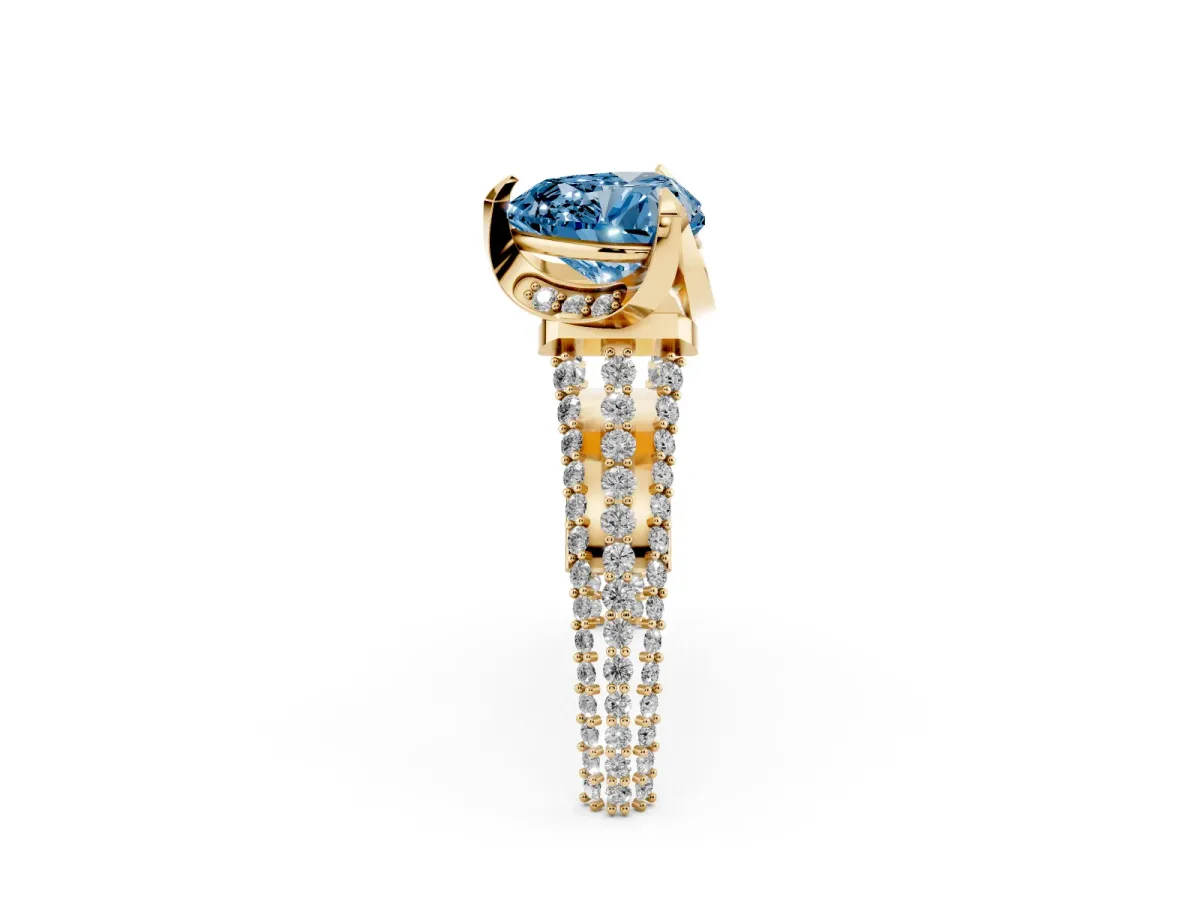 Fancy Blue Heart Cut Solitaire Pave Split Shank Ring with Four-Prong Setting Yellow gold