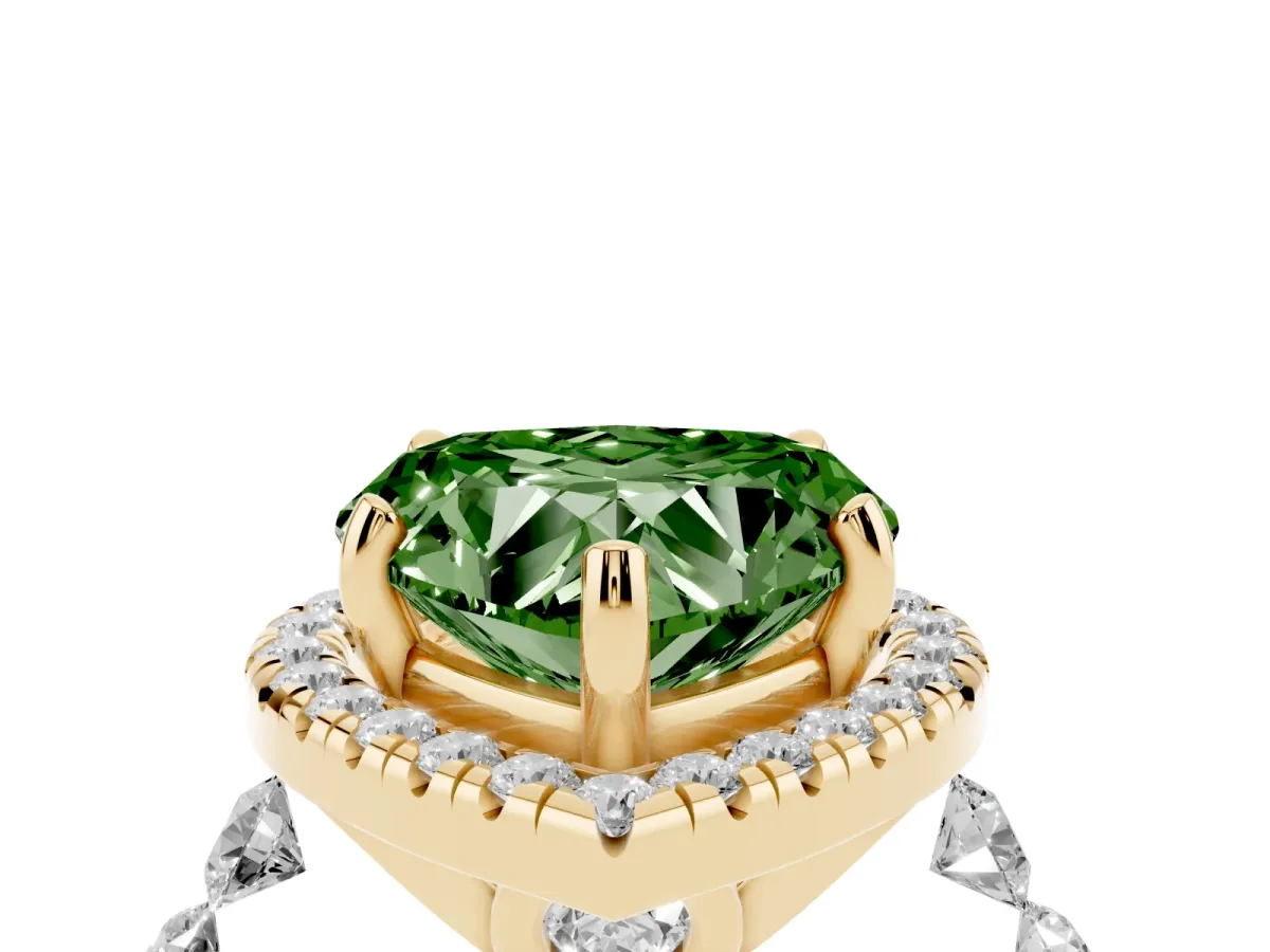 Fancy Green Heart Cut Halo Pavé Diamond Engagement Ring with Four-Prong Setting Yellow gold