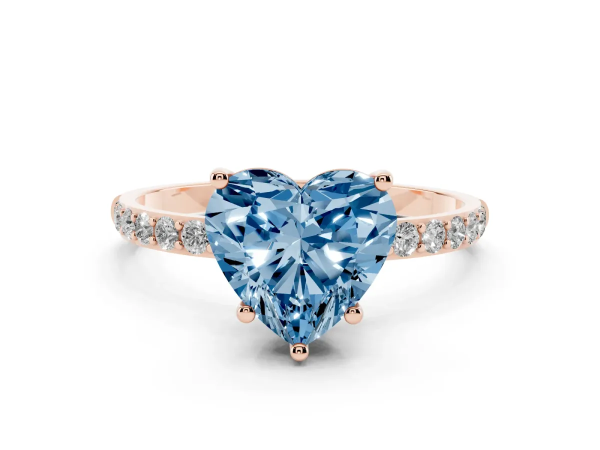 Fancy Blue Heart Cut Diamond Solitaire Ring with Round Pavé Shoulders and Prong Setting Rose gold