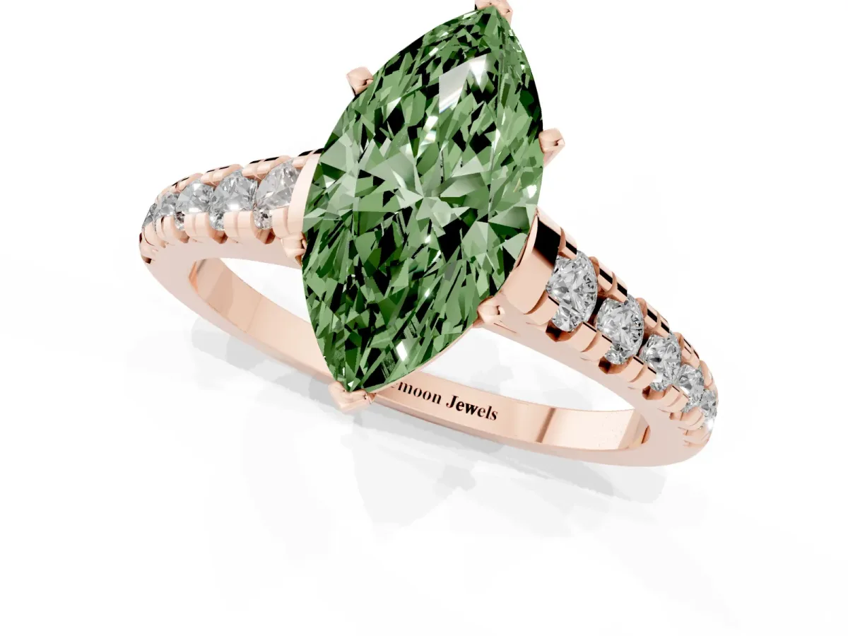 Fancy Green Marquise Cut Diamond Cathedral Solitaire Ring with Round Pavé Band Rose gold