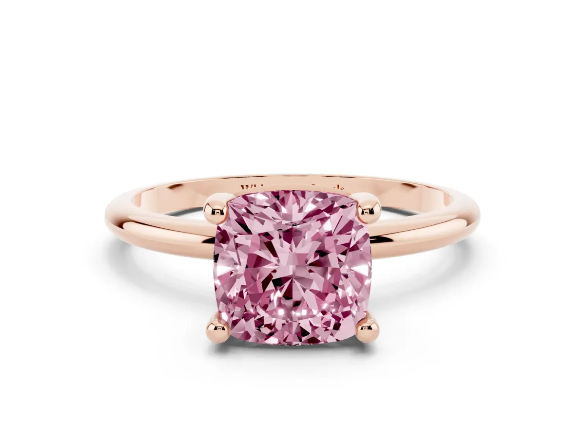 Fancy Pink Cushion Cut Solitaire Diamond Ring with 4-Prong Setting on a Classic Band Rose gold