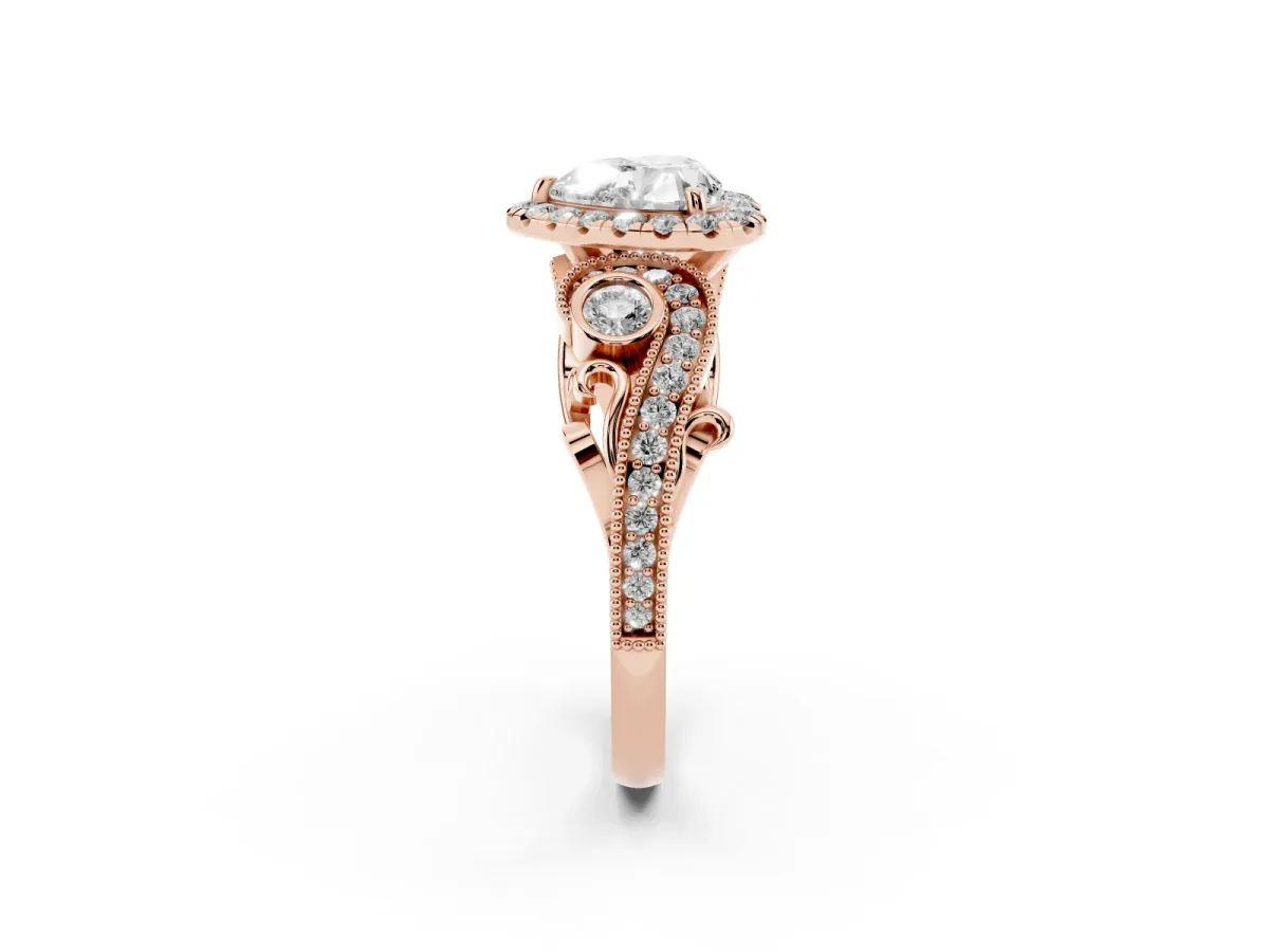 Heart Cut Diamond Halo Ring with Milgrain Pavé Band and Four-Prong Setting Rose gold