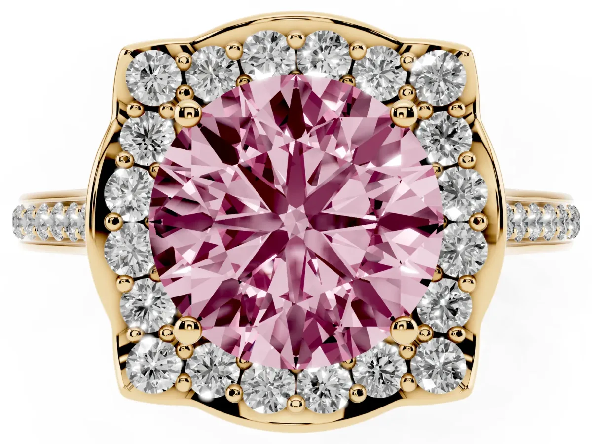 Fancy Pink Round Cut Halo Round Diamond Pave Band with Four-Prong Setting Yellow gold