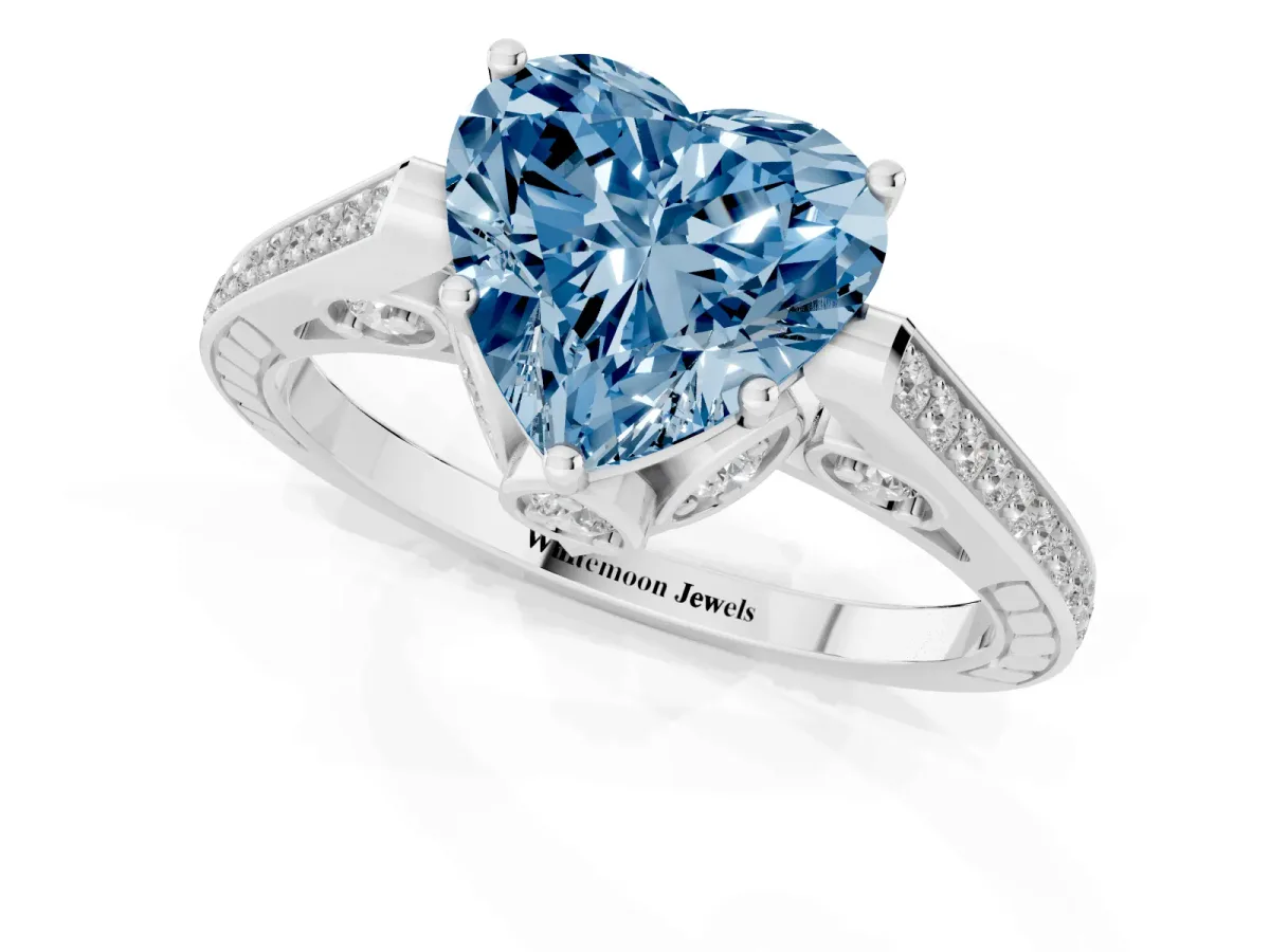 Fancy Blue Heart Cut Cut Cathedral Pave Diamond Engagement Ring with Six-Prong Setting Silver