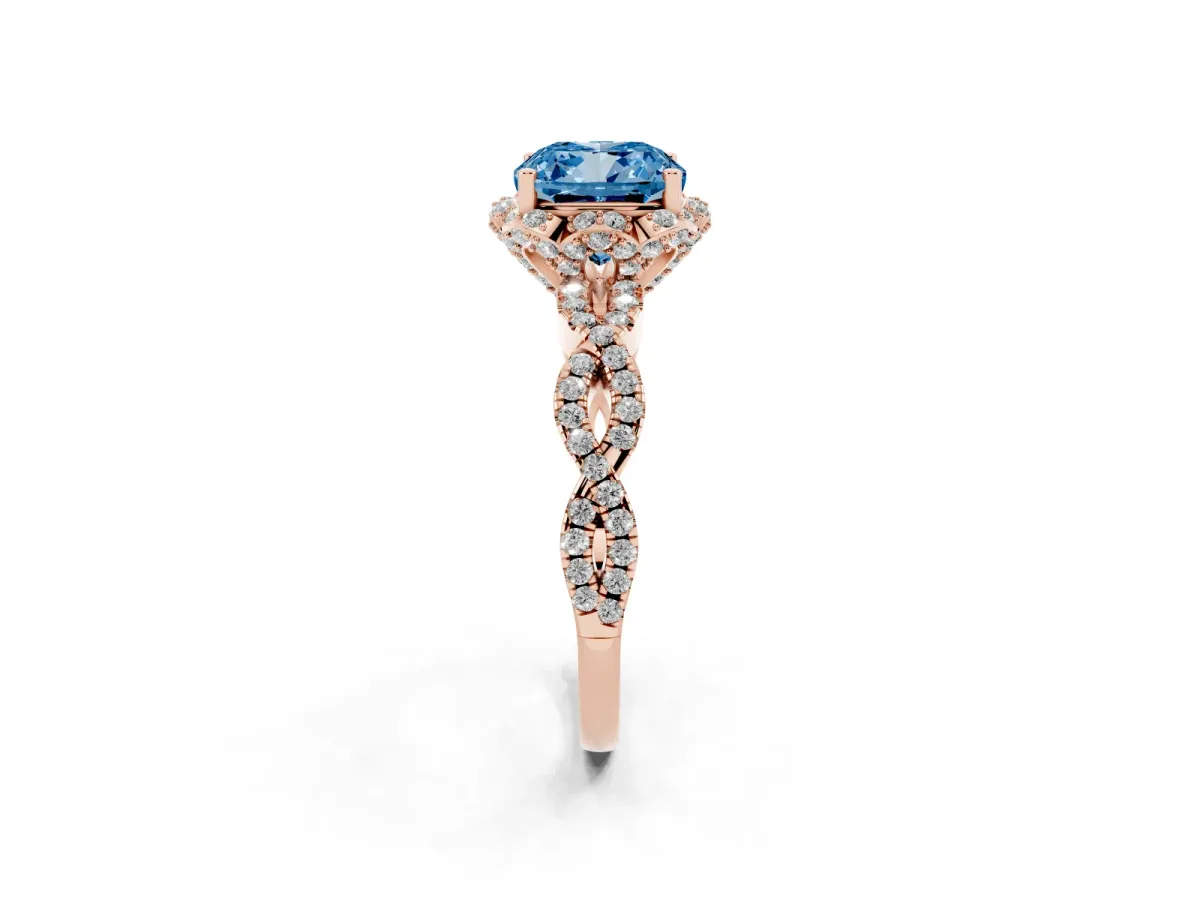 Fancy Blue Cushion Cut Halo Twist Band Solitaire Ring with Six-Prong Setting Rose gold