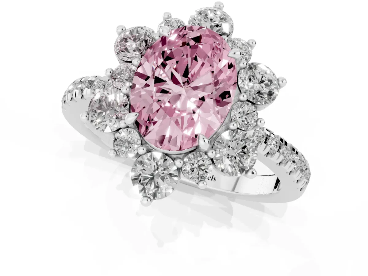 Fancy Pink Oval Cut Diamond Floral Halo Ring with Round Pavé Band and Prong Setting Silver