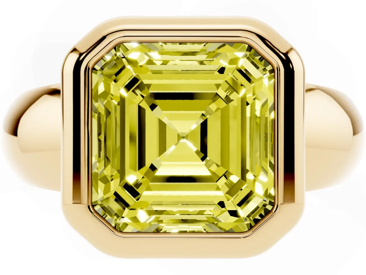 Fancy Yellow Bezel Set Asscher Cut Solitaire Ring with Wide Band Yellow gold
