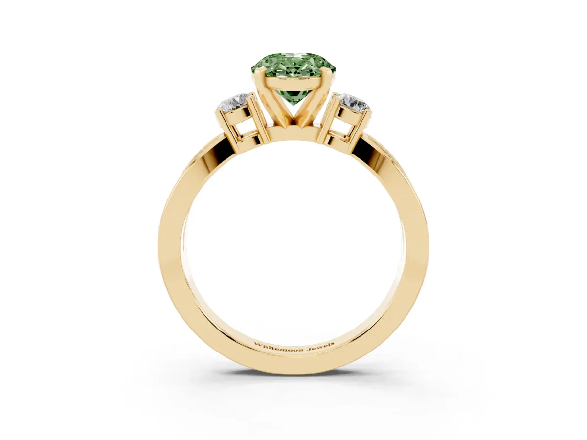 Fancy Green Three-Stone Oval Cut Cut Diamond Twist Band with Prong Setting Yellow gold