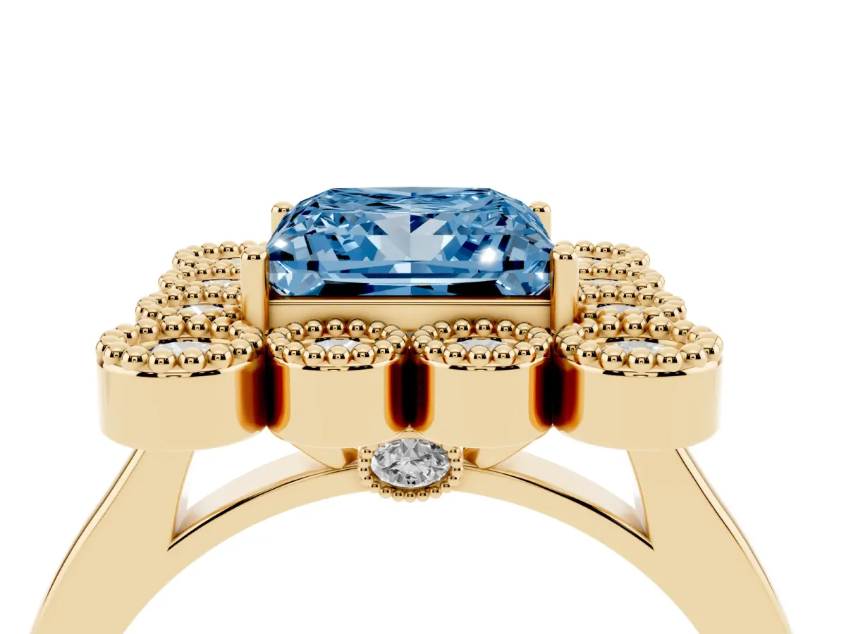 Fancy Blue Princess Cut Halo Diamond Cluster Engagement Ring with Milgrain Bezel Setting and Solitaire Band Yellow gold
