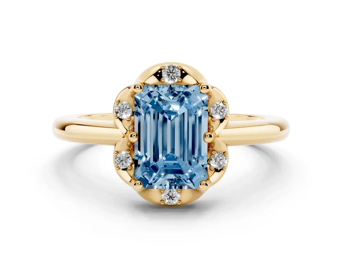 Fancy Blue Emerald Cut Halo Diamond Ring with Round Cluster Setting, Solitaire Band, and Four-Prong Setting Yellow gold