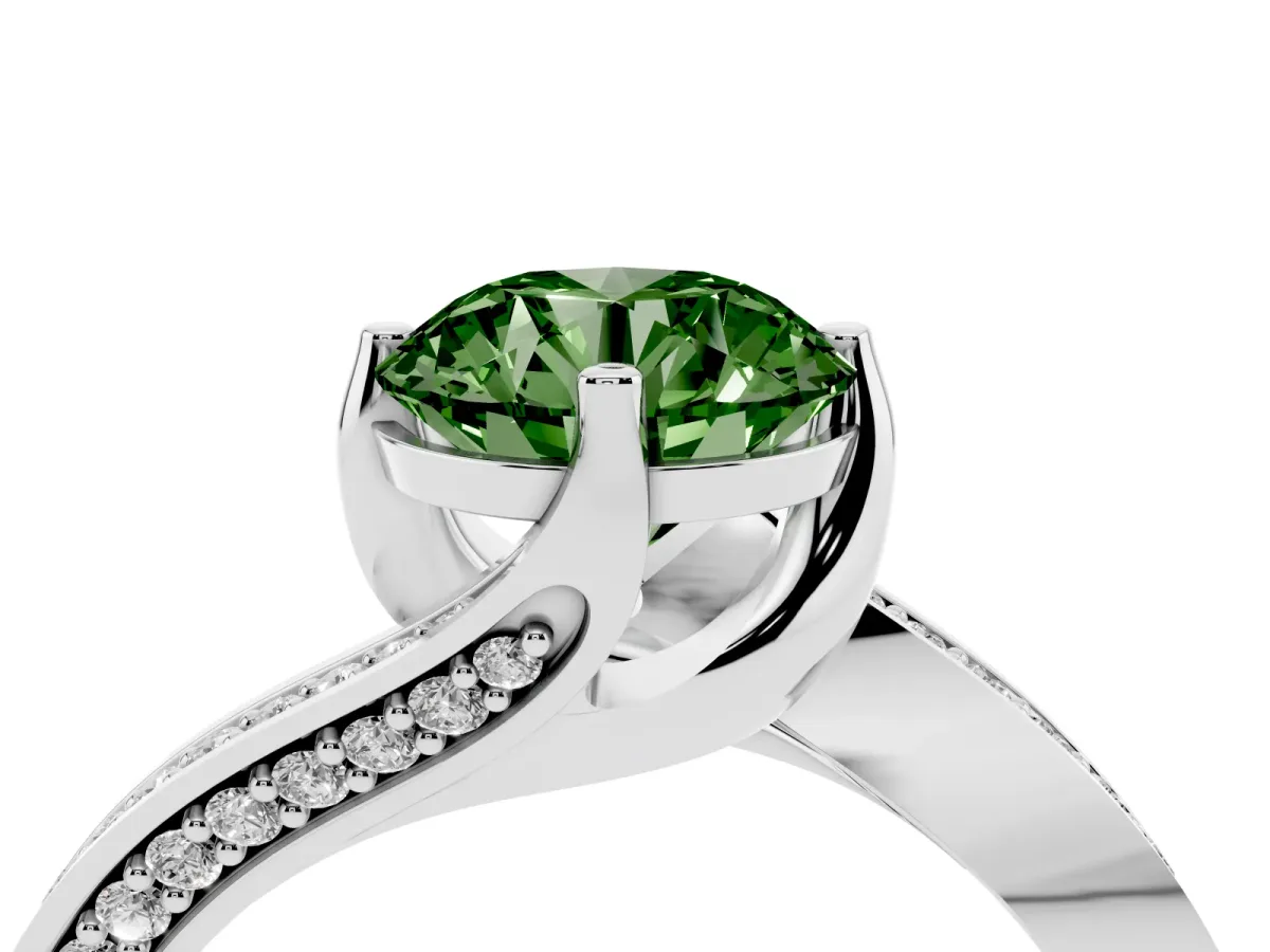 Fancy Green Round Cut Solitaire Diamond Twist Band with Pavé Setting and Four-Prong Setting Platinum