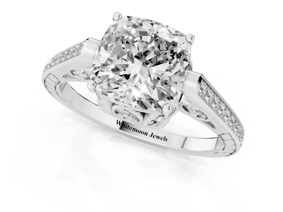 Cushion Cut Cut Cathedral Pave Diamond Engagement Ring with Six-Prong Setting Silver