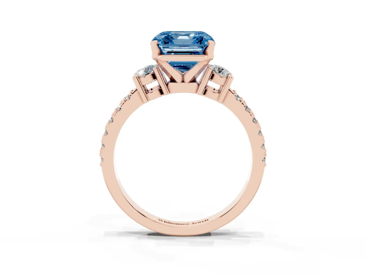 Fancy Blue Asscher Cut Three-Stone Diamond Pavé Band with Prong Setting Rose gold