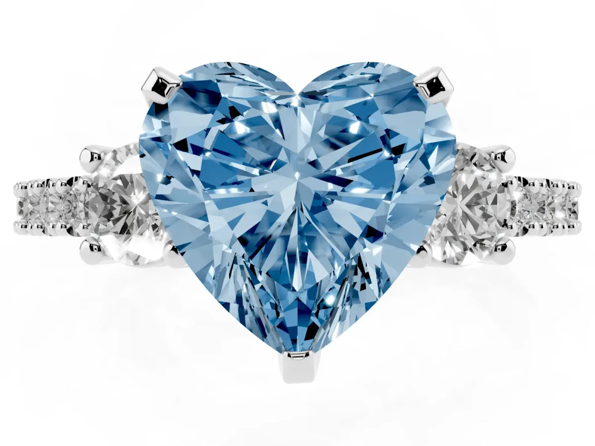 Fancy Blue Heart Cut Three-Stone Diamond Pavé Band with Prong Setting Platinum