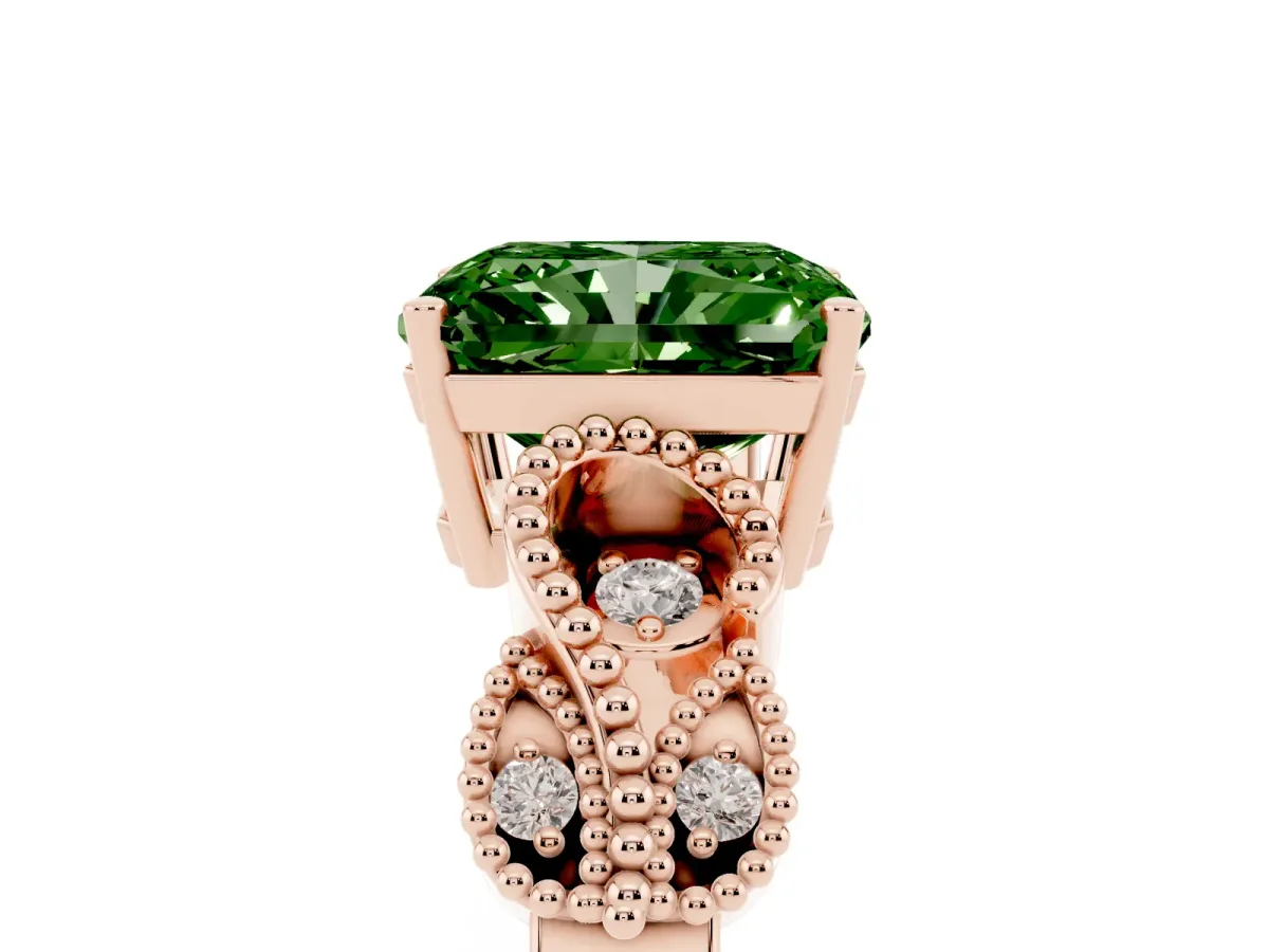 Fancy Green Princess Cut Solitaire Milgrain Leaf Band with Prong Setting Rose gold