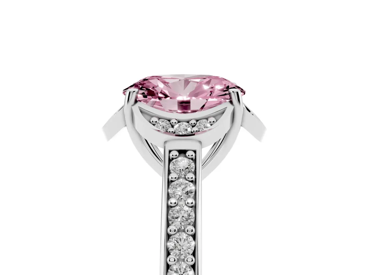 Fancy Pink Oval Cut Cut Halo Diamond Ring with Channel Set Band and Four-Prong Setting Silver