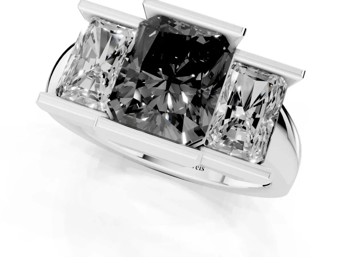Fancy Black Three Stone Radiant Cut Cut Channel Set Diamond Ring Silver
