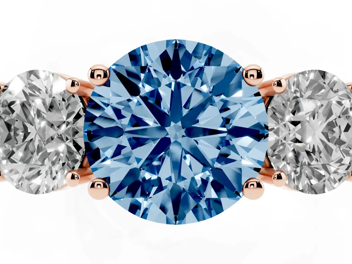 Fancy Blue Three-Stone Round Cut Cut Diamond Engagement Ring with Flat Band and Four-Prong Setting Rose gold