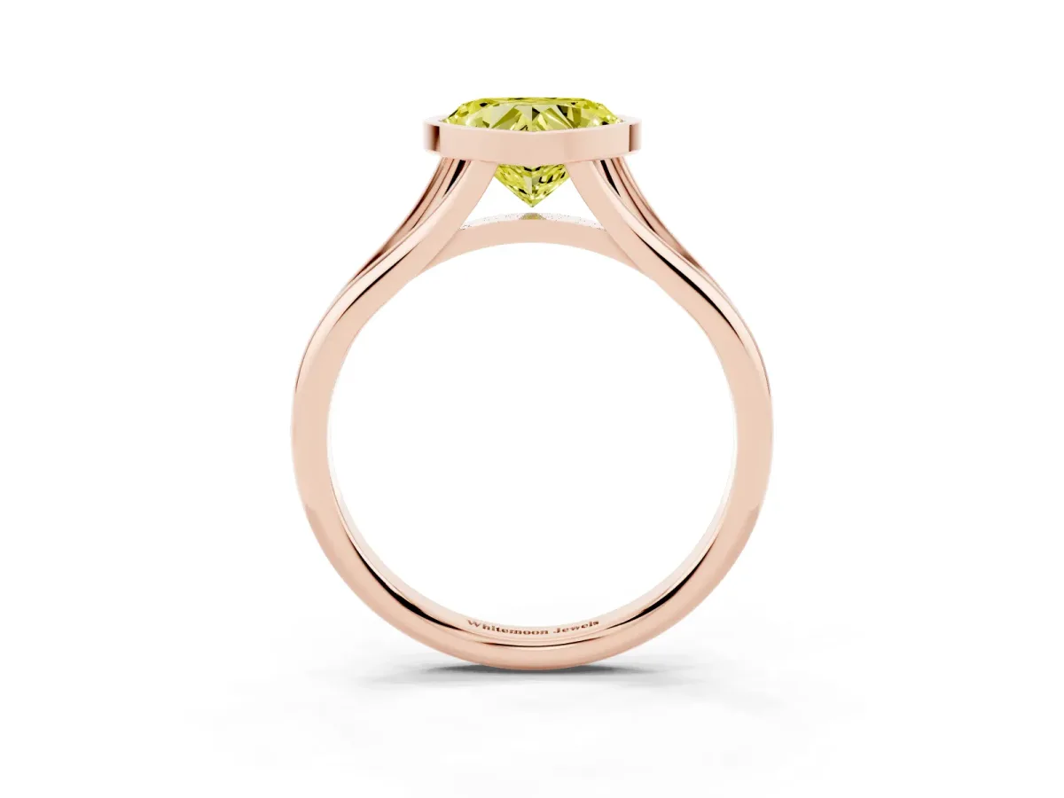 Fancy Yellow Bezel Set Heart Cut Cut Solitaire Ring with Tapered Band Rose gold