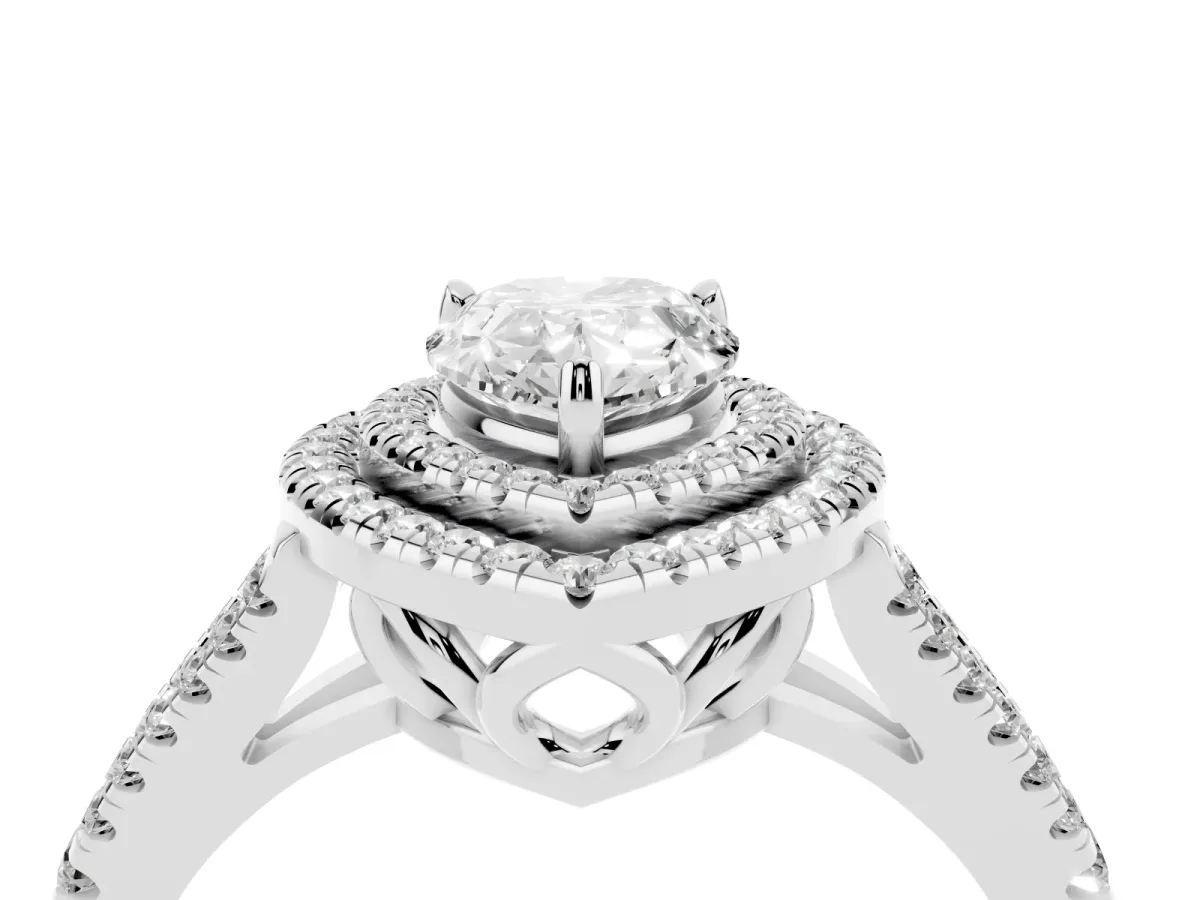 Pear Cut Diamond Double Halo Ring with Pavé Band and Prong Setting Silver