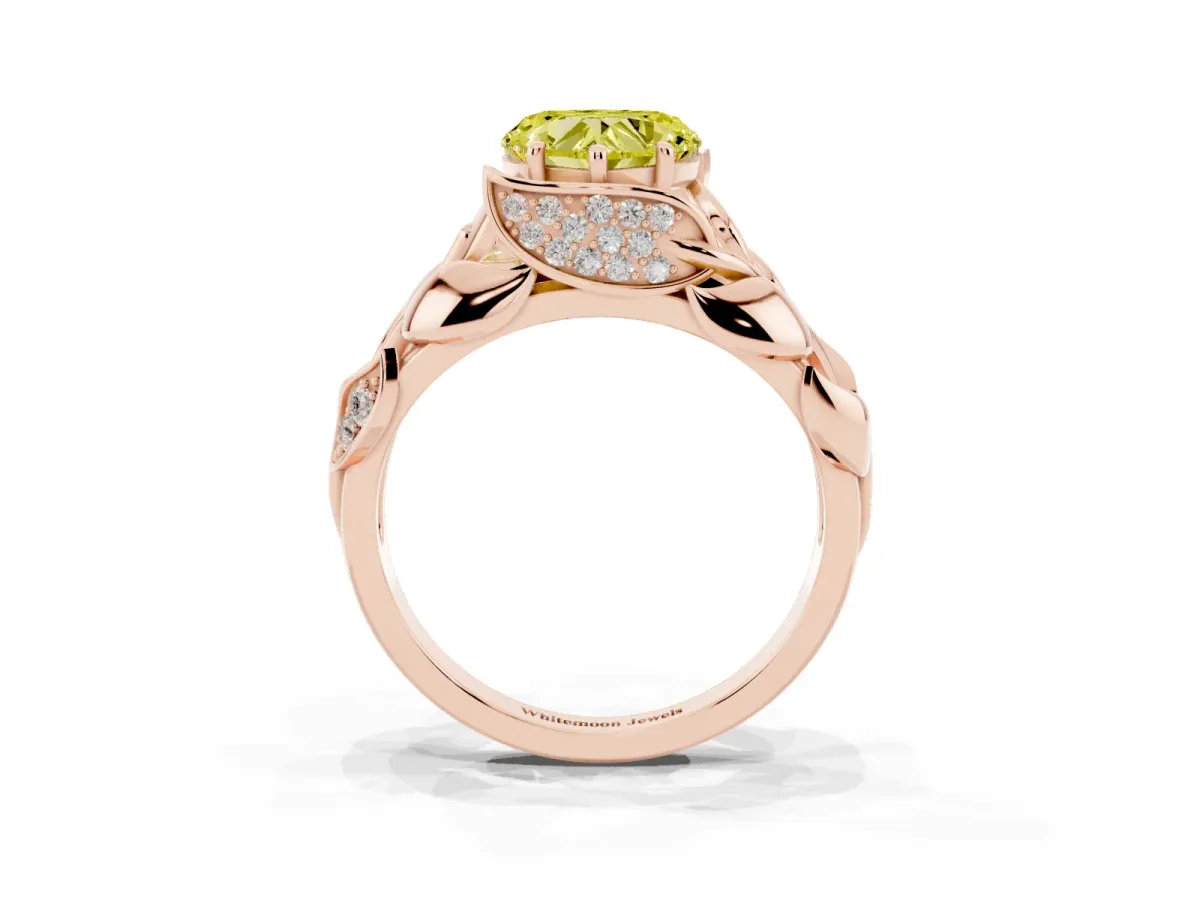 Fancy Yellow Heart Cut Diamond Leaf-Inspired Engagement Ring with Round Accents and Prong Setting Rose gold