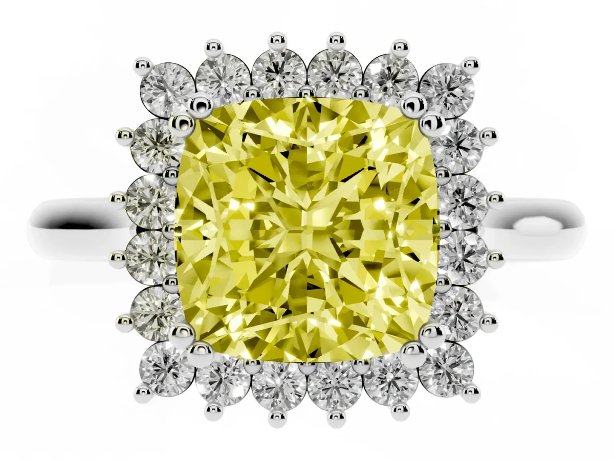 Fancy Yellow Cushion Cut Cut Diamond Halo Ring with Solitaire Band and Prong Setting White gold