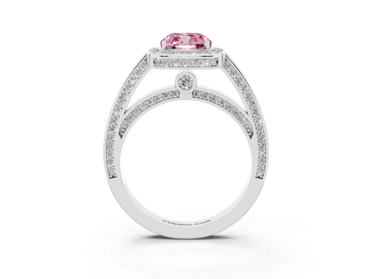 Fancy Pink Cushion Cut Cut Halo Pave Split Shank Prong Setting Ring Platinum