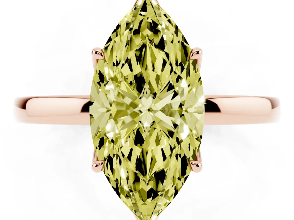 Fancy Yellow Marquise Cut Diamond Solitaire Ring with Thin Band and Prong Setting Rose gold