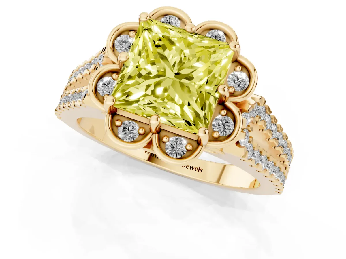 Fancy Yellow Princess Cut Halo Diamond Floral Split Shank Engagement Ring Yellow gold
