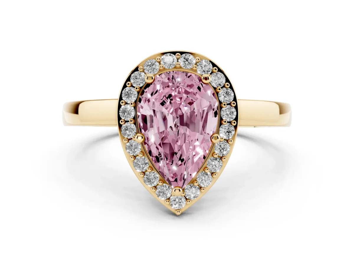 Fancy Pink Pear Cut Halo Diamond Ring with Solitaire Band and Prong Setting Yellow gold