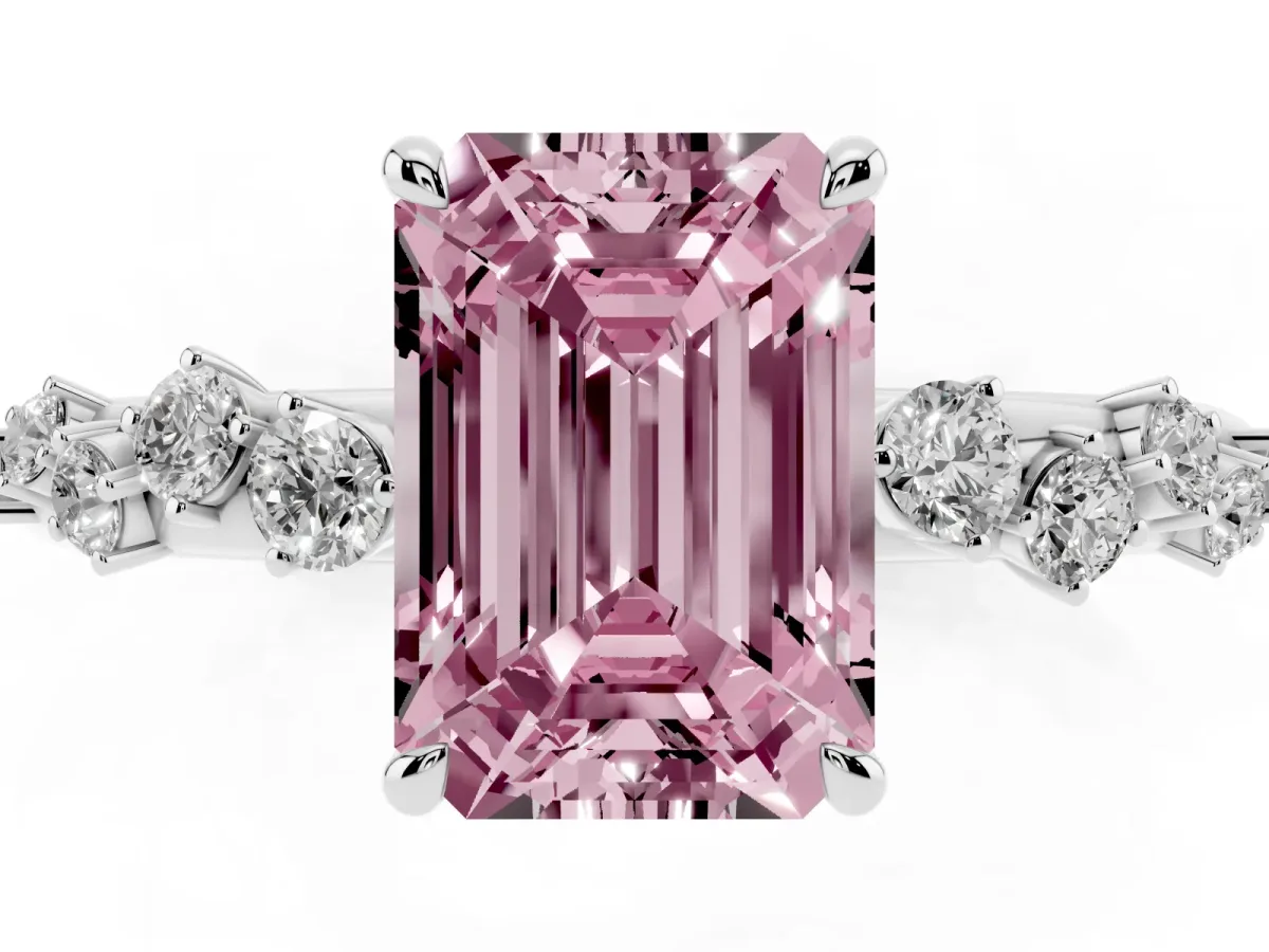 Fancy Pink Emerald Cut Diamond Cluster Prong-Set Solitaire Ring Platinum