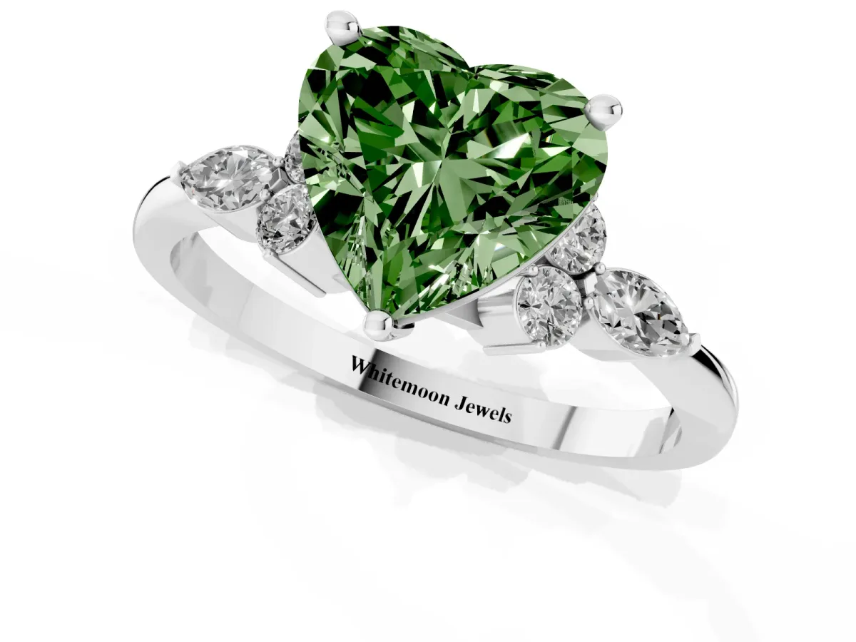 Fancy Green Heart Cut Brilliant Diamond Solitaire Ring with Pear Side Stones and Four-Prong Setting Silver