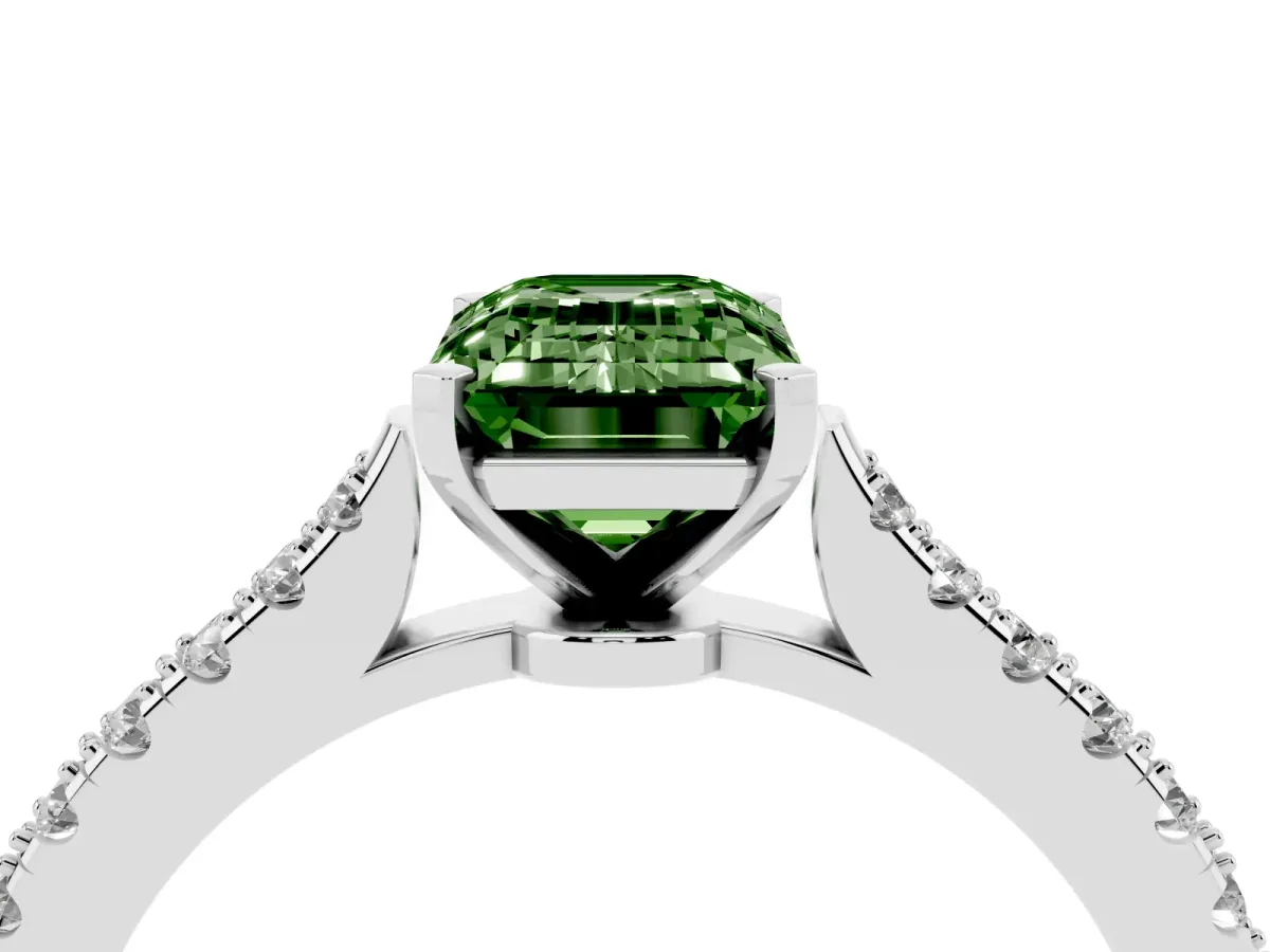 Fancy Green Emerald Cut Cut Solitaire Diamond Engagement Ring with Pave Band and Four-Prong Setting Platinum