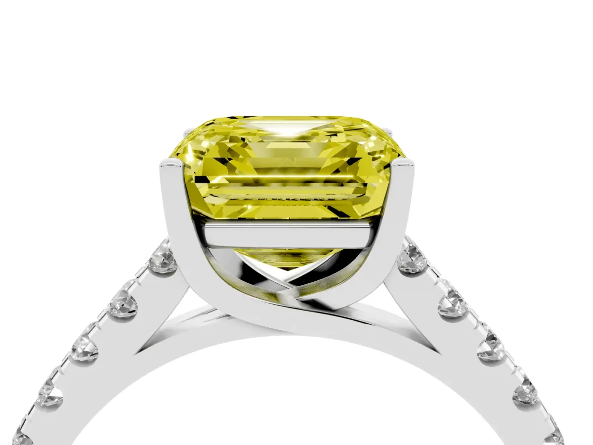 Fancy Yellow Asscher Cut Diamond Pavé Band Solitaire Ring with Prong Setting Platinum