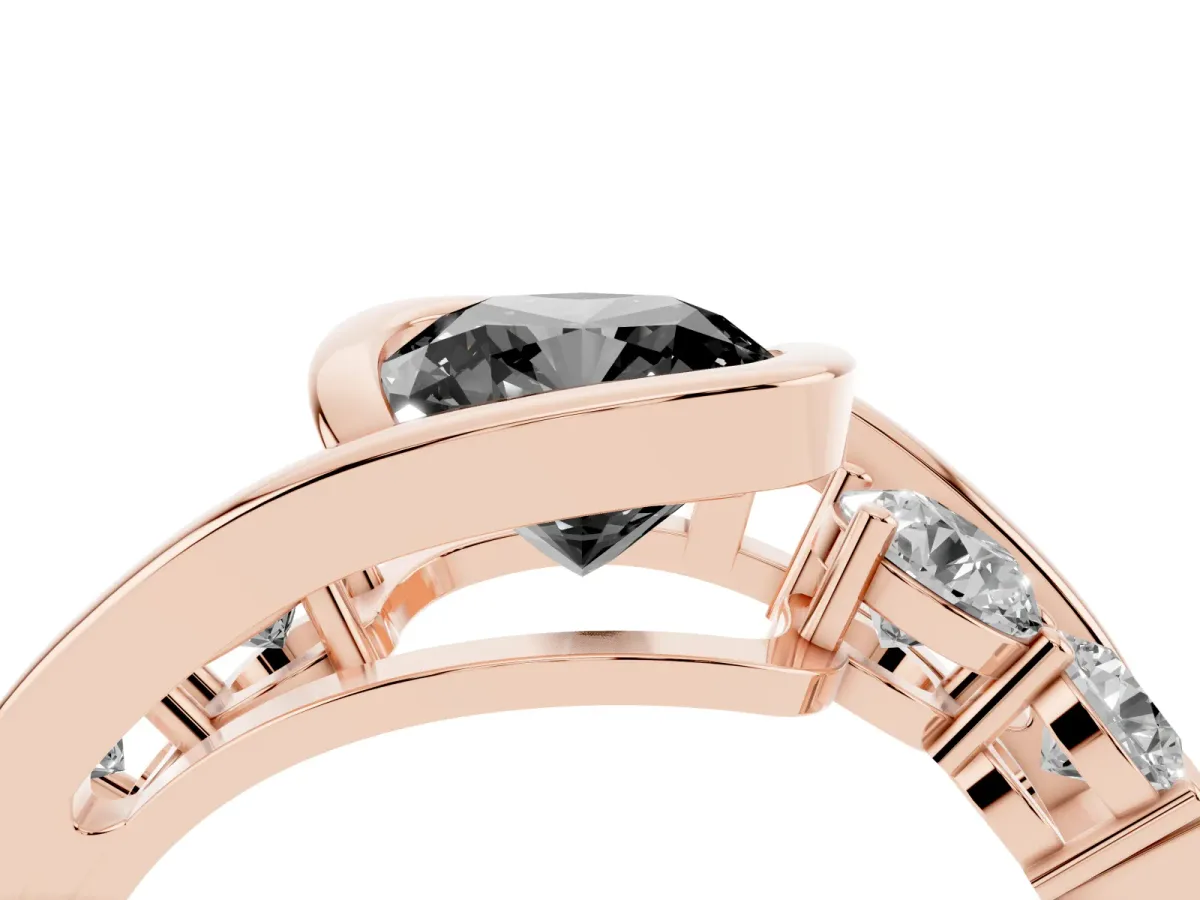 Fancy Black Bezel Set Cushion Cut Diamond Bypass Ring with Round Accents Rose gold
