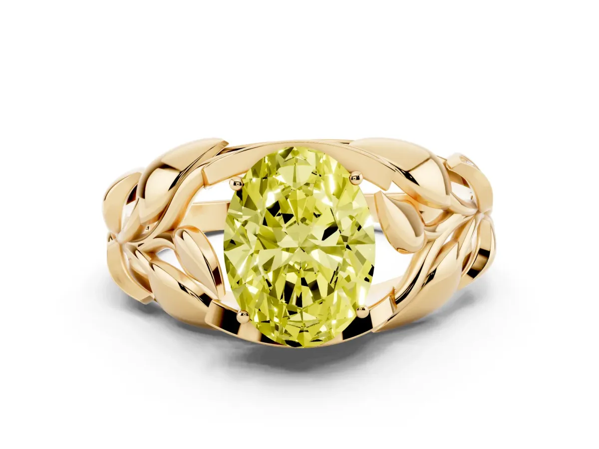 Fancy Yellow Oval Cut Diamond Leaf-Inspired Engagement Ring with Round Accents and Prong Setting Yellow gold